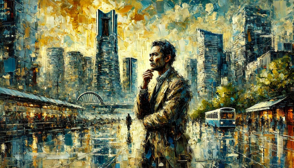 街中で考える男性のイメージが画像