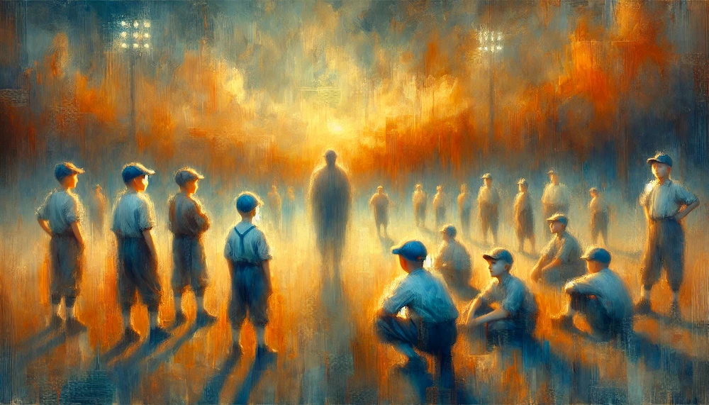 円陣を組み指導者の話を聞く野球チームのイメージ画像