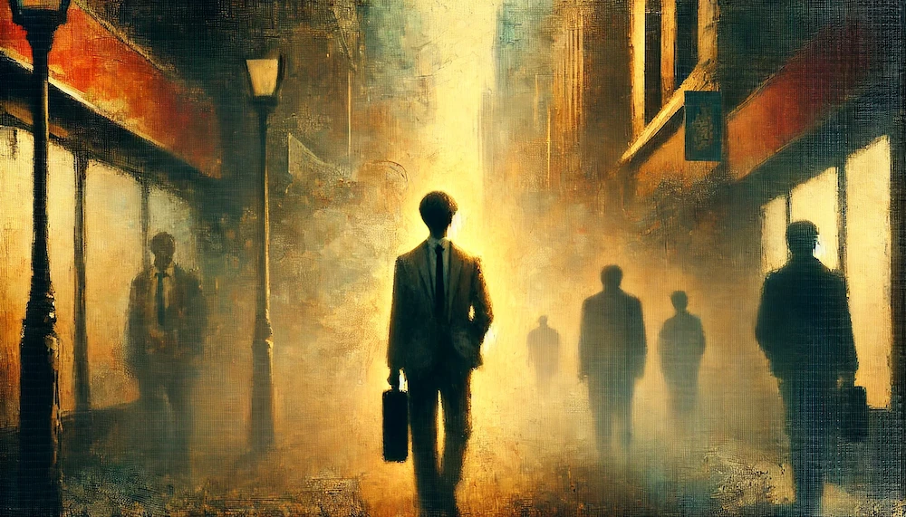 夕暮れの街をあるくサラリーマンのイメージ画像