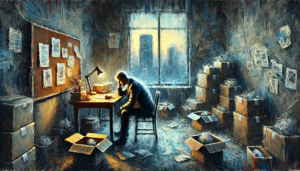 オフィスのデスクで頭をかかえる男性のイメージ画像