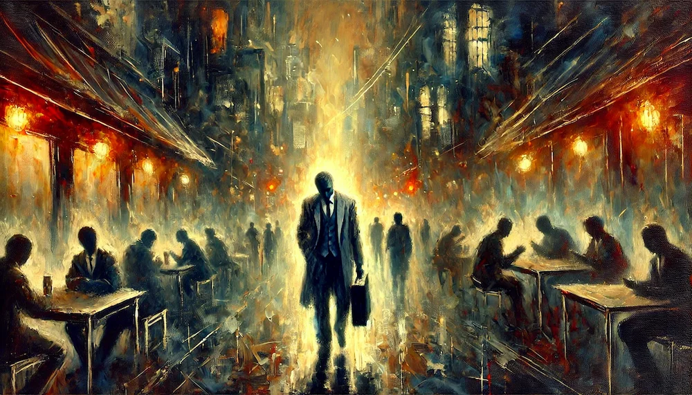 飲食店の通りでうつむき加減で歩くスーツ姿の男性のイメージ画像