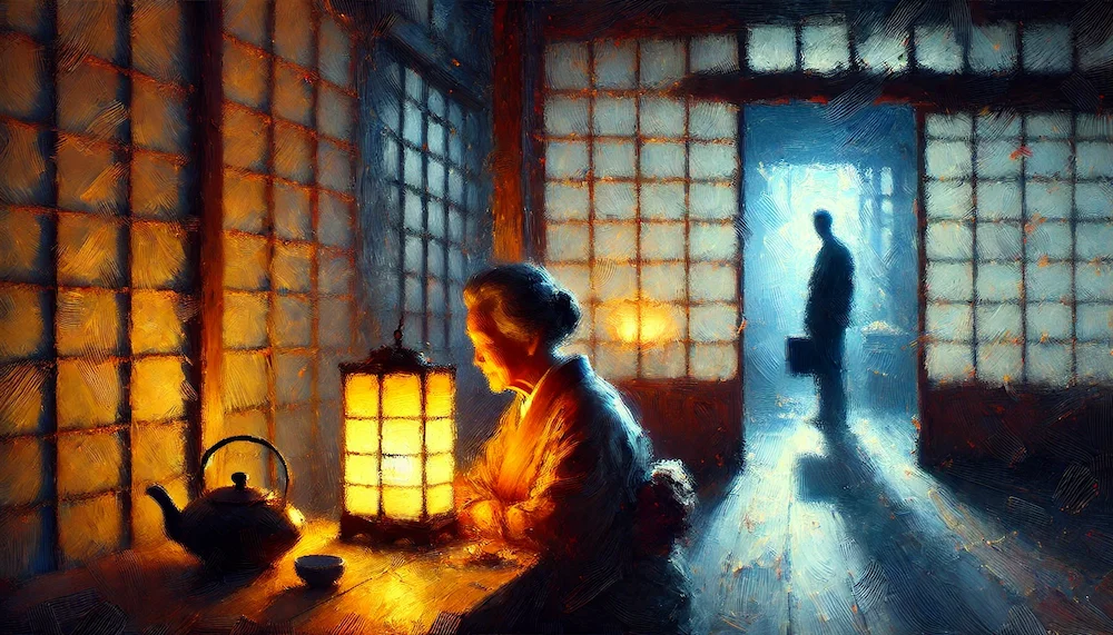 暗い部屋で物思いにふける高齢女性のイメージ画像