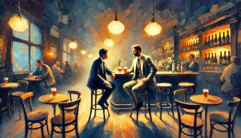 バーで外国人と話す男性のイメージ画像