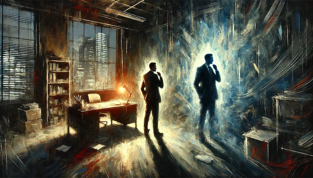 オフィスで顎に手をあて考えている男性のイメージ画像