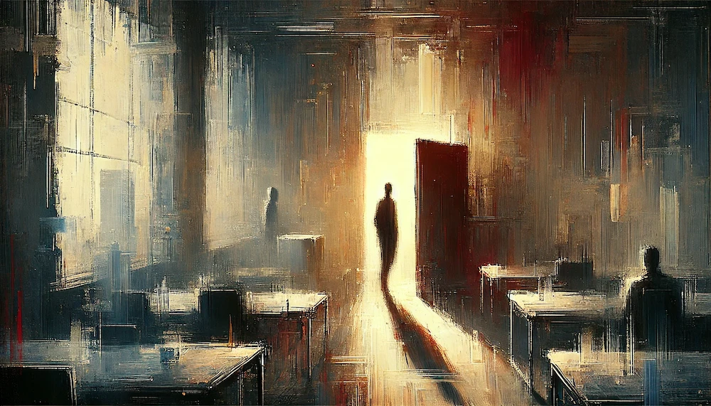 出口から人が去っていく様子のイメージ画像