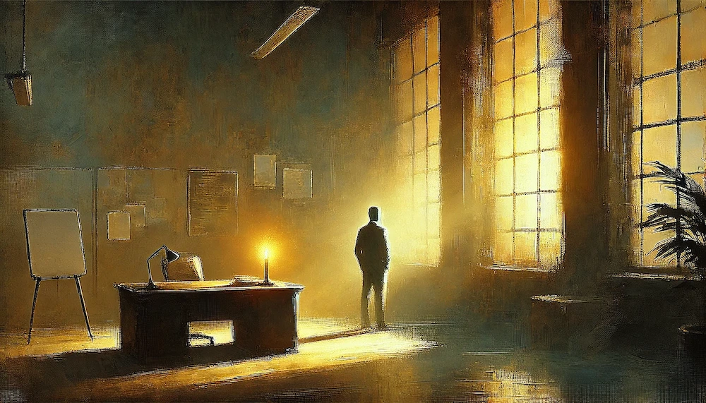 スーツのポケットに手を突っ込み、大きな窓に向かって何かを考える男性のイメージ画像