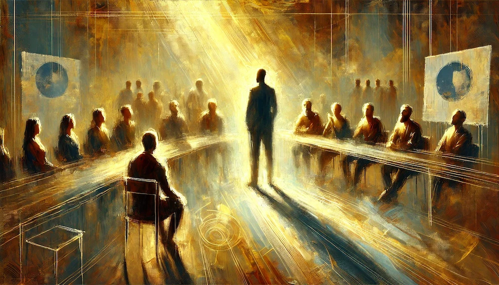 複数の人の前に立ち話をする男性のイメージ画像