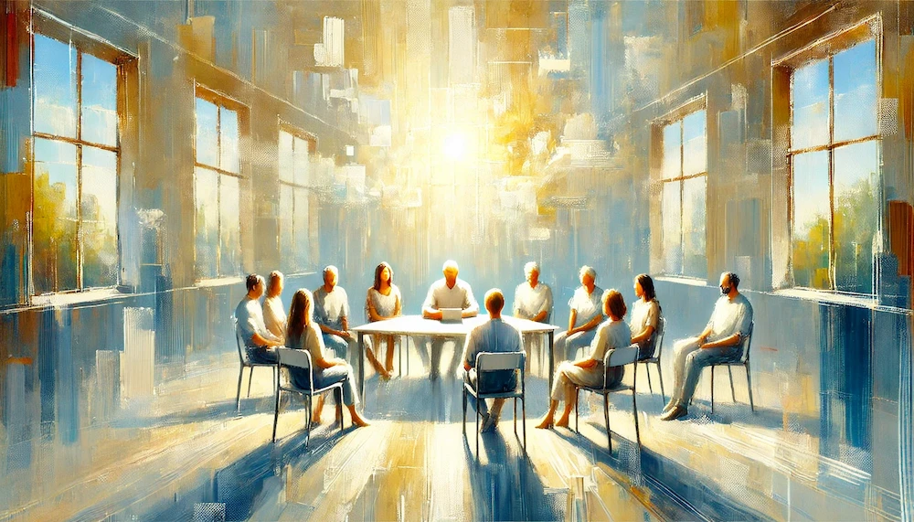 明るいオフィスの円卓に複数の人が集まり話し合っているイメージ画像