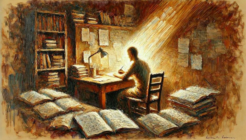 デスクに向かって夢中で何かをノートに書き込む男性のイメージ画像