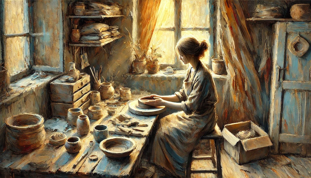作業場で陶器を作っている女性のイメージ画像