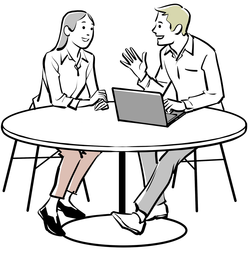 丸テーブルで話をする女性と男性のイラスト