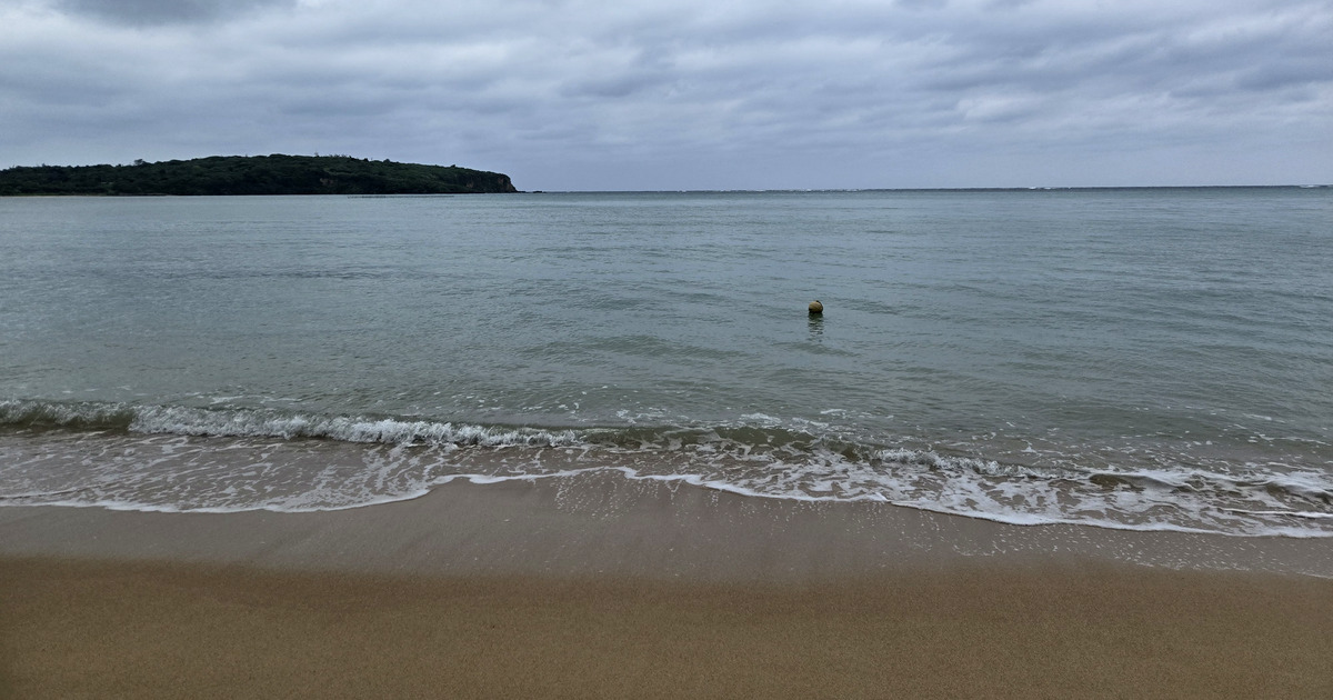曇り空の下、砂浜に波が寄せる海辺。沖に黄色いブイがひとつ浮かんでいる